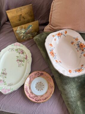 Vintage Floral Pink and Peach China Serving Set - Unbranded